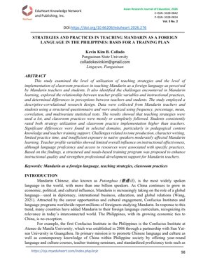 PDF Document Cover - Strategies and Practices in Teaching Mandarin as a Foreign Language in the Philippines: Basis for a Training Plan